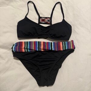 Chic Black and Multicolor Striped Bikini Set